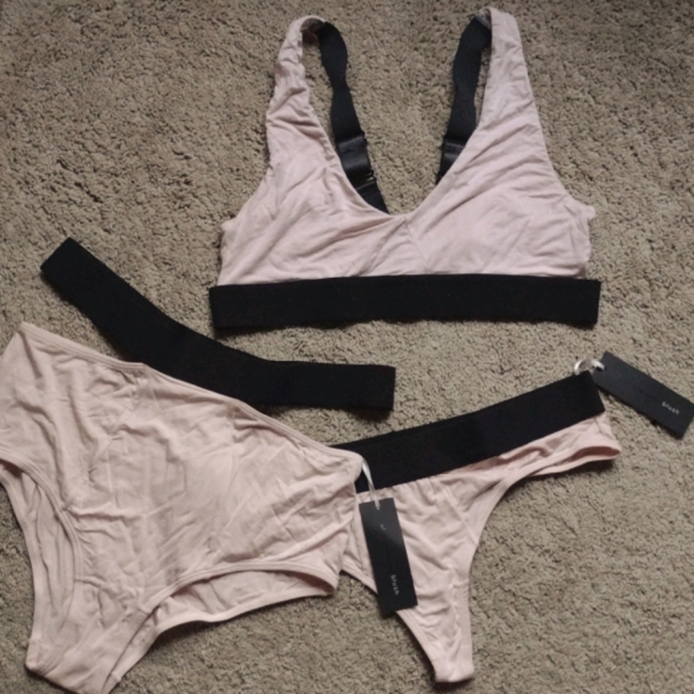 Blush Lingerie bralette, thong, & high waist brief